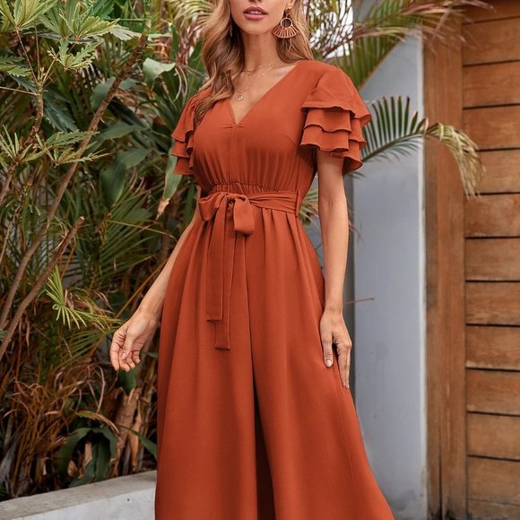 Boho layered V-neck sleeve belted midi dress burnt orange - Picture 4 of 6